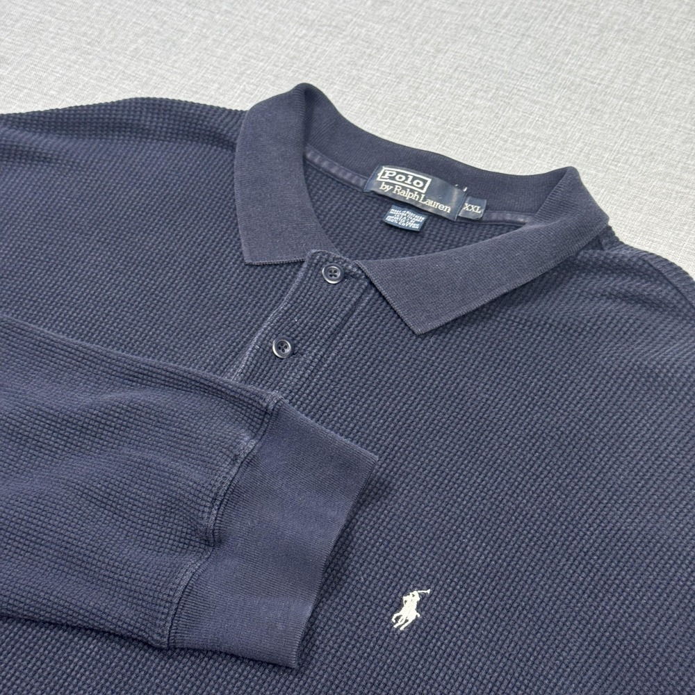 Polo Ralph Lauren Vintage Waffle Thermal Polo Shirt Men 2XL Blue Long Sleeve